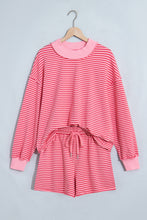 Load image into Gallery viewer, Blue Stripe Ribbed Patchwork Mock Neck Baggy Pullover Matching Shorts Set +