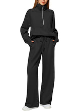 Load image into Gallery viewer, Woman Solid Color Half Zip Long Sleeve Sweatshirt And Wide Leg Pants Set Casual Sporty Two Piece Outfit Women's Suit +