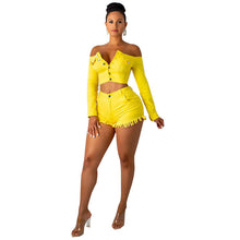 Load image into Gallery viewer, No-shoulder Pants Suit Long-sleeved Jacket Denim Fringed Shorts Suit +