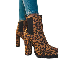 Load image into Gallery viewer, Round-toe Ankle Boots Solid Leopard Print Thick Square High Heel Shoes Ladies Casual Fashion Autumn Winter Suede Dress Party Boots +