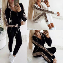 Load image into Gallery viewer, Female Jogging Suit Women's 2-Piece Hooded Sweatpants Leopard Print Long Sleeved Zipper Sweater Trousers Sportswear Fashionable Sweatsuit +