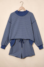 Load image into Gallery viewer, Blue Stripe Ribbed Patchwork Mock Neck Baggy Pullover Matching Shorts Set +