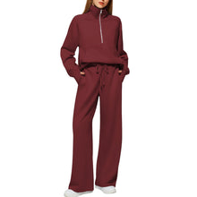 Load image into Gallery viewer, Woman Solid Color Half Zip Long Sleeve Sweatshirt And Wide Leg Pants Set Casual Sporty Two Piece Outfit Women's Suit +