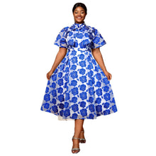 Load image into Gallery viewer, Half Turtleneck A- Line Tie Neckline Strap Bow Blue Embossed Dress +