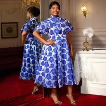 Load image into Gallery viewer, Half Turtleneck A- Line Tie Neckline Strap Bow Blue Embossed Dress +