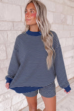 Load image into Gallery viewer, Blue Stripe Ribbed Patchwork Mock Neck Baggy Pullover Matching Shorts Set +