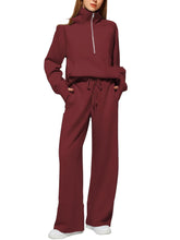 Load image into Gallery viewer, Woman Solid Color Half Zip Long Sleeve Sweatshirt And Wide Leg Pants Set Casual Sporty Two Piece Outfit Women's Suit +