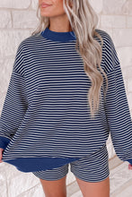 Load image into Gallery viewer, Blue Stripe Ribbed Patchwork Mock Neck Baggy Pullover Matching Shorts Set +