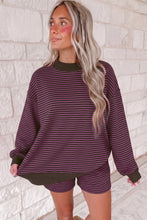 Load image into Gallery viewer, Blue Stripe Ribbed Patchwork Mock Neck Baggy Pullover Matching Shorts Set +
