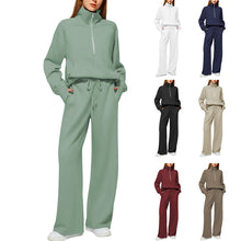 Load image into Gallery viewer, Woman Solid Color Half Zip Long Sleeve Sweatshirt And Wide Leg Pants Set Casual Sporty Two Piece Outfit Women's Suit +