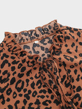 Load image into Gallery viewer, Leopard Print Stand Collar Lace Up Pleated Skirt Casual Midi Dress +