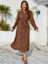 Load image into Gallery viewer, Leopard Print Stand Collar Lace Up Pleated Skirt Casual Midi Dress +