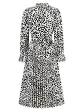 Load image into Gallery viewer, Leopard Print Stand Collar Lace Up Pleated Skirt Casual Midi Dress +