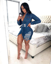 Load image into Gallery viewer, Shredded Denim Dress Women's Short Ripped Jeans Dress +