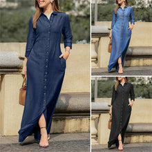 Load image into Gallery viewer, Shirt Collar Denim Button Maxi Dress Fashion +