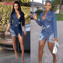 Load image into Gallery viewer, Shredded Denim Dress Women's Short Ripped Jeans Dress +