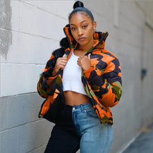 Load image into Gallery viewer, Orange Camouflage Print Bubble Coat Female Cropped Puffer Jacket - Trendy Winter Coat - Multicolored Camouflage Jacket