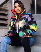 Load image into Gallery viewer, Camouflage Print Winter Bubble Coat - Female Cropped Puffer Jacket - Trendy Winter Coat - Multicolored Camouflage Jacket +