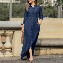 Load image into Gallery viewer, Shirt Collar Denim Button Maxi Dress Fashion +