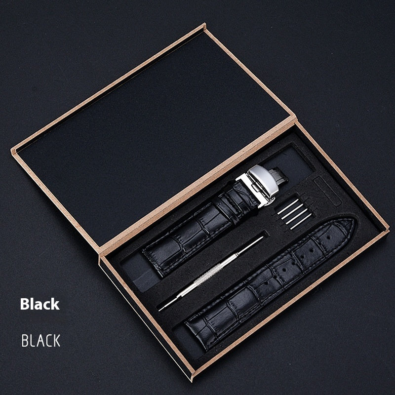 Butterfly Clasp Business Bamboo Pattern Cowhide Leather Watch Band +