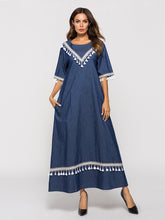 Load image into Gallery viewer, Mid-sleeve Fringed Denim Dress +
