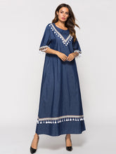 Load image into Gallery viewer, Mid-sleeve Fringed Denim Dress +

