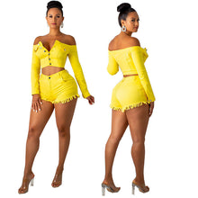 Load image into Gallery viewer, No-shoulder Pants Suit Long-sleeved Jacket Denim Fringed Shorts Suit +
