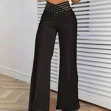 Load image into Gallery viewer, Women&#39;s Transparent Mesh Patchwork High Waist Pants With Elegant Cross Detail, Solid Color Fashion Trousers +

