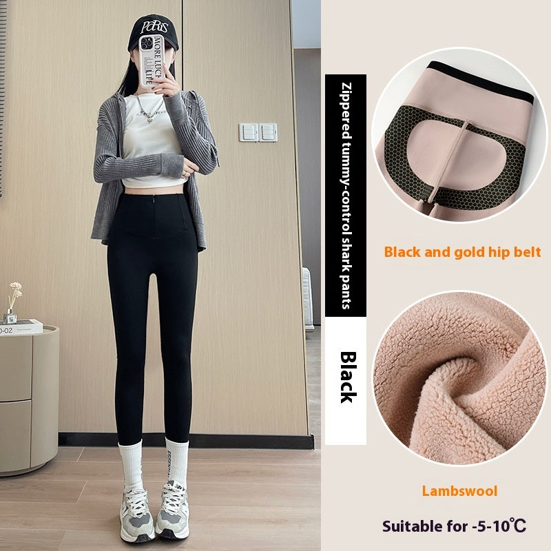 Belly-controlling Butt Lifting Leggings With Three-breasted Design Winter High Waist Slim Zippere Pants Warm Velvet And Thickened Trousers Women Clothing +