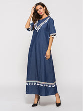 Load image into Gallery viewer, Mid-sleeve Fringed Denim Dress +
