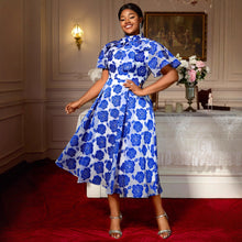 Load image into Gallery viewer, Half Turtleneck A- Line Tie Neckline Strap Bow Blue Embossed Dress +
