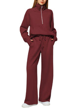 Load image into Gallery viewer, Woman Solid Color Half Zip Long Sleeve Sweatshirt And Wide Leg Pants Set Casual Sporty Two Piece Outfit Women's Suit +
