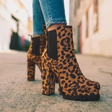 Load image into Gallery viewer, Round-toe Ankle Boots Solid Leopard Print Thick Square High Heel Shoes Ladies Casual Fashion Autumn Winter Suede Dress Party Boots +
