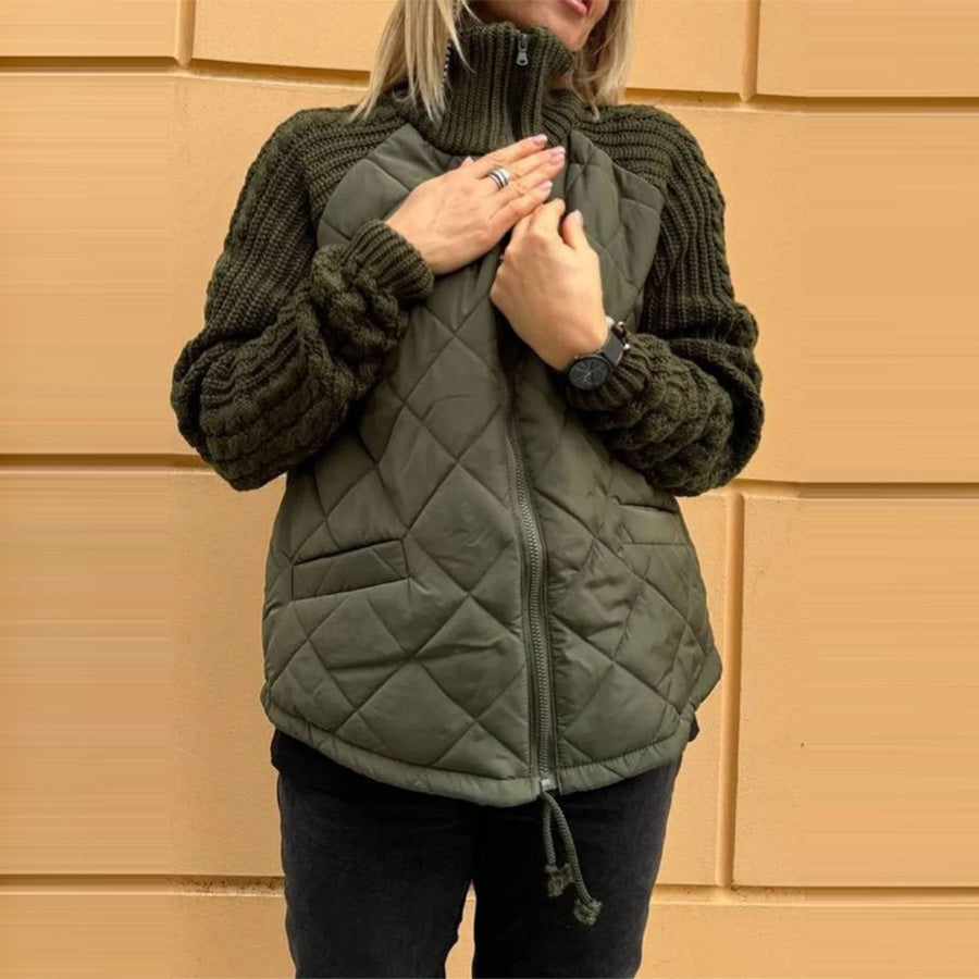 Stand Collar Cotton Jacket With Pockets Fashion Knitted Stitching Zipper Coat Winter Warm Tops For Women +