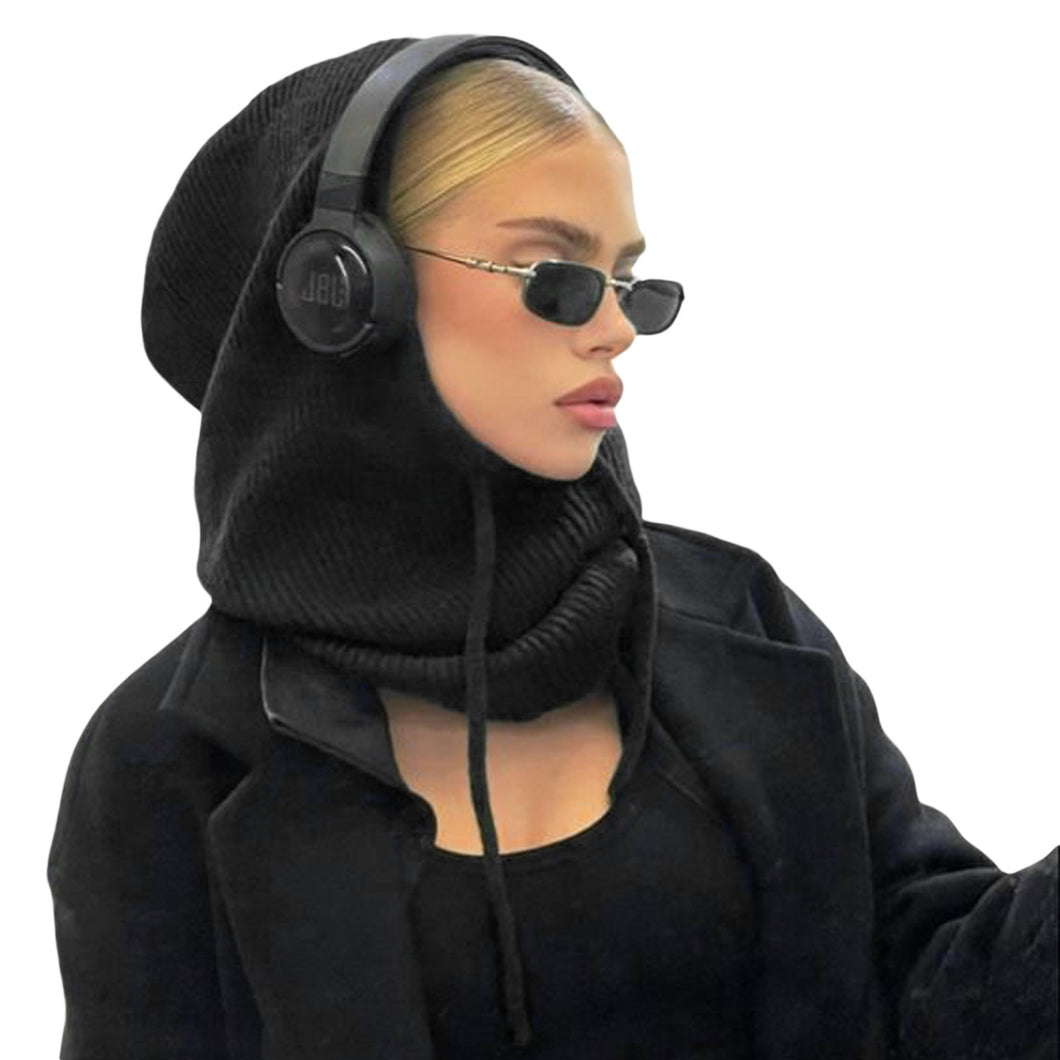 Hat Scarf Integrated Wool Knitted Drawstring Hat Women Veil Hat +