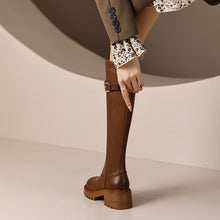 Load image into Gallery viewer, Leather High Heel Knee Boots British Style Round Toe Chunky +
