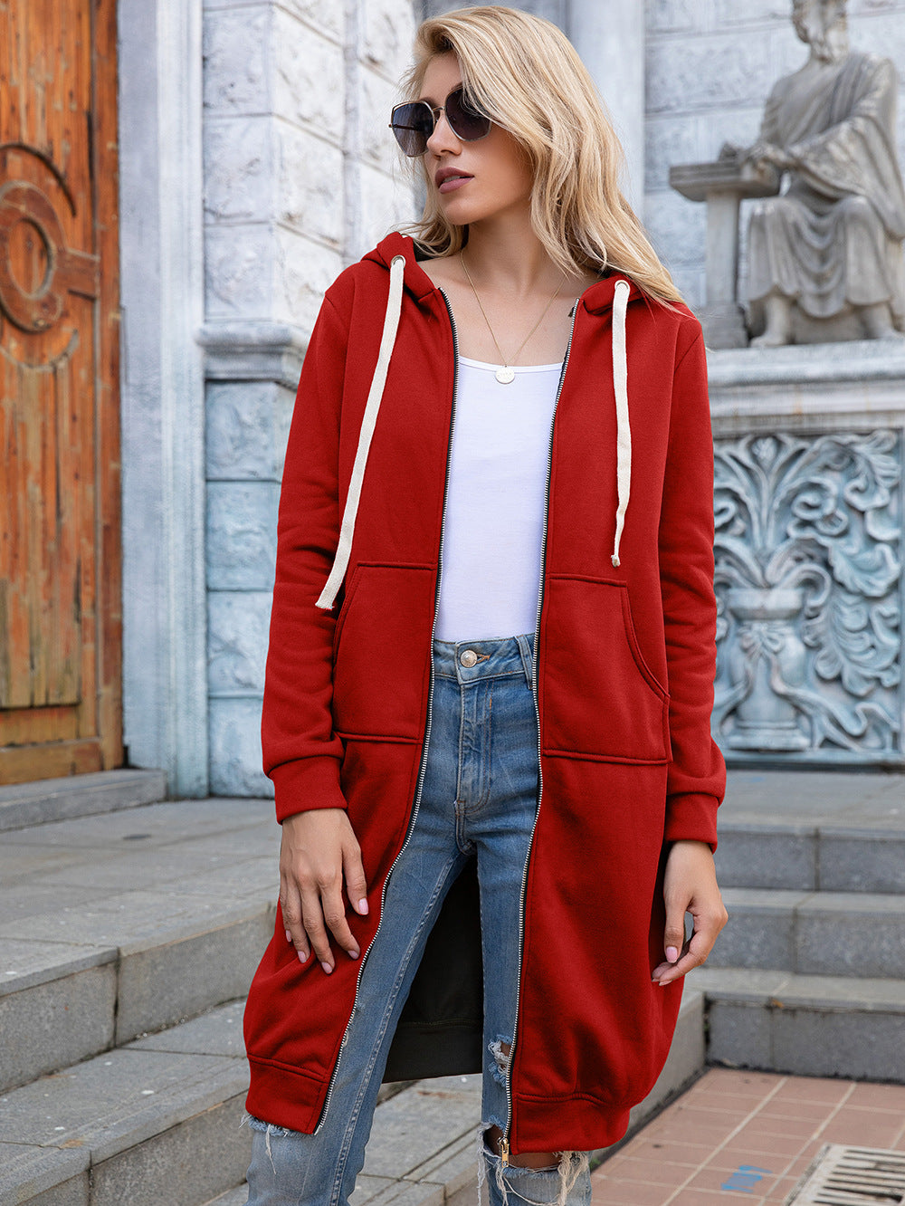 Full Size Zip-Up Longline Hoodie with Pockets +