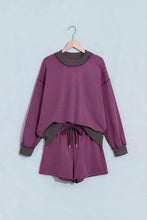 Load image into Gallery viewer, Blue Stripe Ribbed Patchwork Mock Neck Baggy Pullover Matching Shorts Set +
