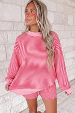 Load image into Gallery viewer, Blue Stripe Ribbed Patchwork Mock Neck Baggy Pullover Matching Shorts Set +
