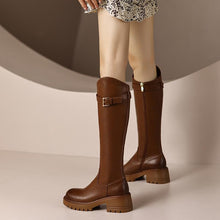 Load image into Gallery viewer, Leather High Heel Knee Boots British Style Round Toe Chunky +
