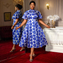 Load image into Gallery viewer, Half Turtleneck A- Line Tie Neckline Strap Bow Blue Embossed Dress +
