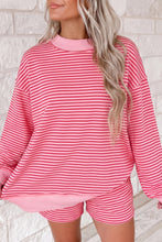 Load image into Gallery viewer, Blue Stripe Ribbed Patchwork Mock Neck Baggy Pullover Matching Shorts Set +
