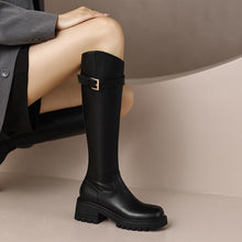 Load image into Gallery viewer, Leather High Heel Knee Boots British Style Round Toe Chunky +
