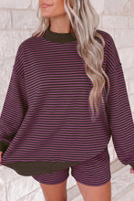 Load image into Gallery viewer, Blue Stripe Ribbed Patchwork Mock Neck Baggy Pullover Matching Shorts Set +
