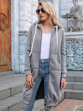Load image into Gallery viewer, Full Size Zip-Up Longline Hoodie with Pockets +
