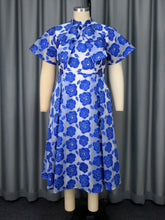 Load image into Gallery viewer, Half Turtleneck A- Line Tie Neckline Strap Bow Blue Embossed Dress +

