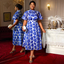 Load image into Gallery viewer, Half Turtleneck A- Line Tie Neckline Strap Bow Blue Embossed Dress +
