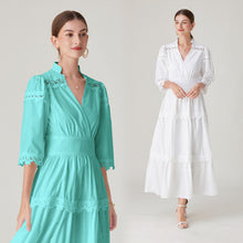 Load image into Gallery viewer, French Court Retro Style V-neck Half Sleeves Lace Stitching Design Dress +
