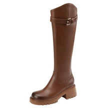 Load image into Gallery viewer, Leather High Heel Knee Boots British Style Round Toe Chunky +
