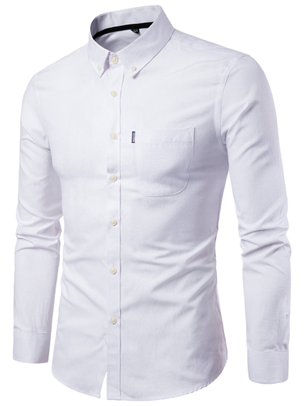 Men's Casual Slim Cotton Oxford Solid Color Large Size Bottom Shirt Long Sleeves +
